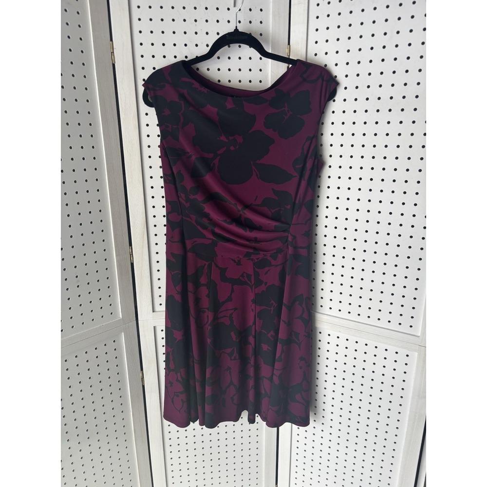 Lauren Ralph Lauren Size 12 Women's Sleeveless Dress Purple Black Floral Ruched